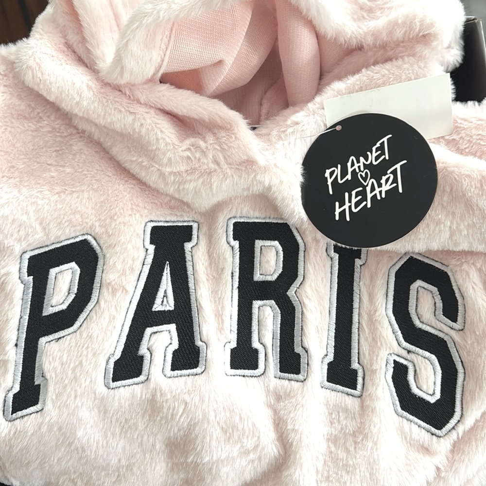 Planet Heart, blush crop faux fur hoodie